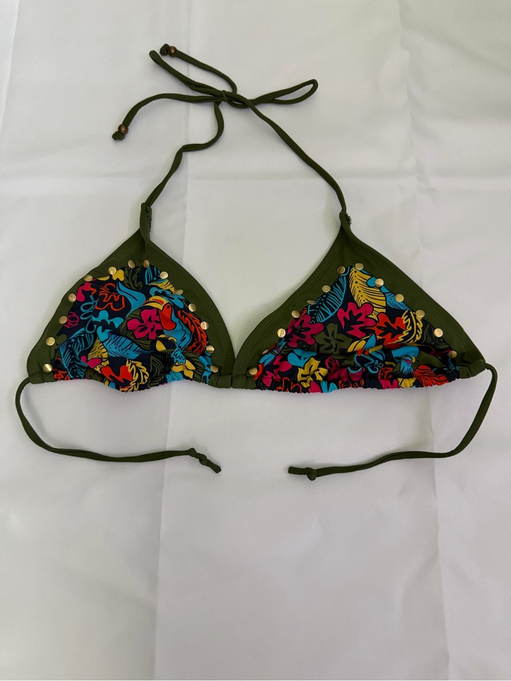Xhilaration Olive Green Floral Triangle Bikini Top with Gold Studs